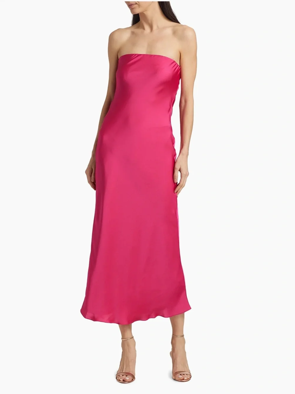 Ramy Brook Strapless Satin Midi Dress in Hot Pink